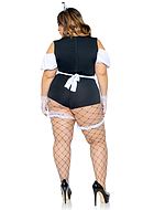 French maid, maskerad-teddy med cold shoulder, volangkant, rynkor, förkläde och inbyggda strumpeband, plus size